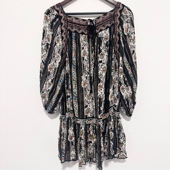 Free People Dance Magic Mini Dress Metallic Stripe Embroidery Black Sheer Small - Picture 10 of 11